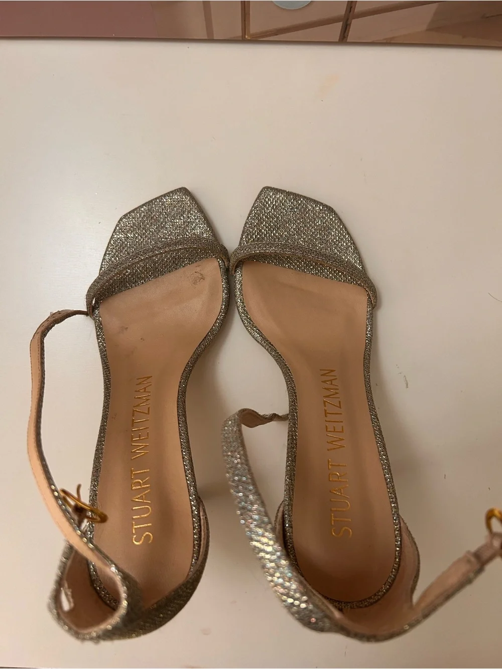 Stuart Weitzman Glitter Gold Ankle-Strap Heels